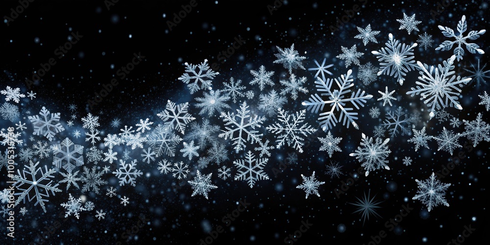 Beautiful real winter snowflakes swirl and fall slowly from a black night sky, snowflakes, winter, night, sky, cold, background Beautiful real winter snowflakes swirl and fall slowly from a black night sky, snowflakes, winter, night, sky, cold, background