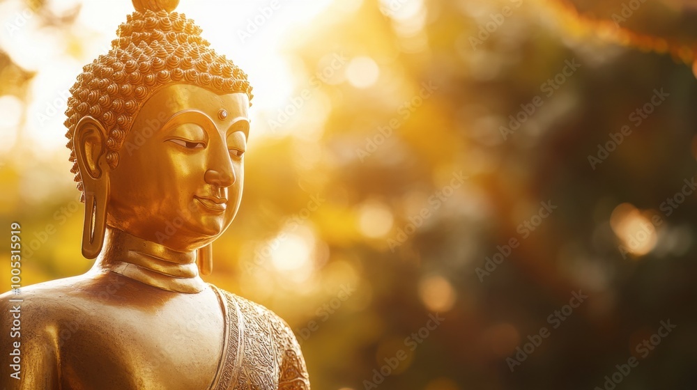A golden Buddha statue shining under soft natural light, placed in a serene environment.