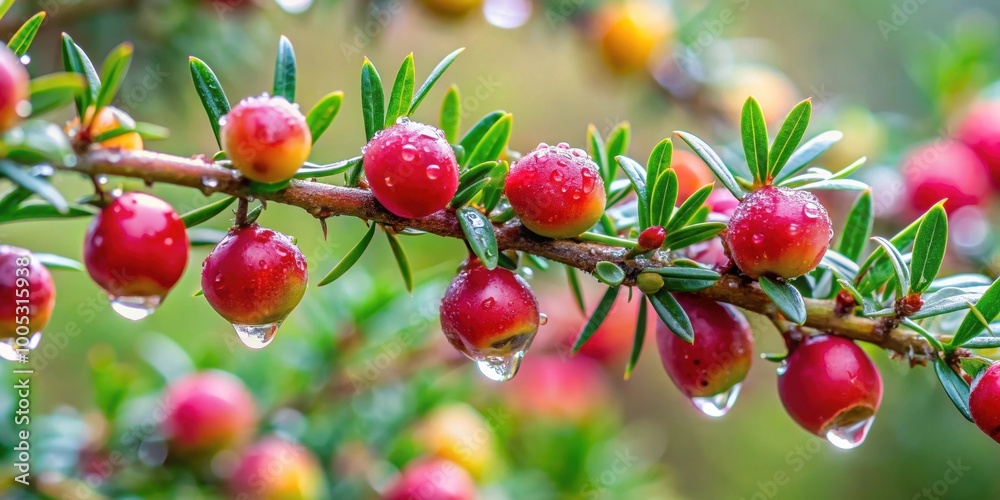 Obraz premium Detail of wet manuka fruit capsules and branches after the rain , manuka, fruit, capsules, branches, wet, rain, nature, detail
