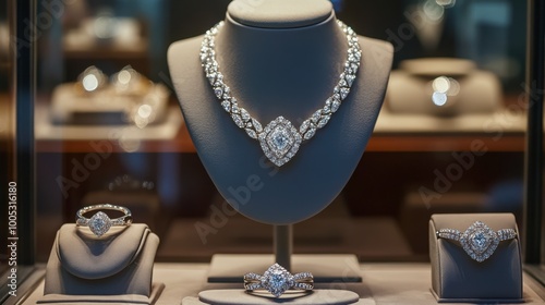 A high-end jewelry shop window display featuring diamond rings, necklaces, and earrings.