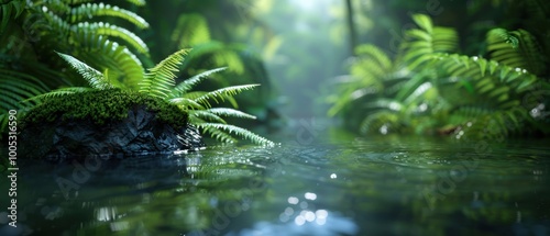 Serene Lush Forest with Half-Submerged Ferns