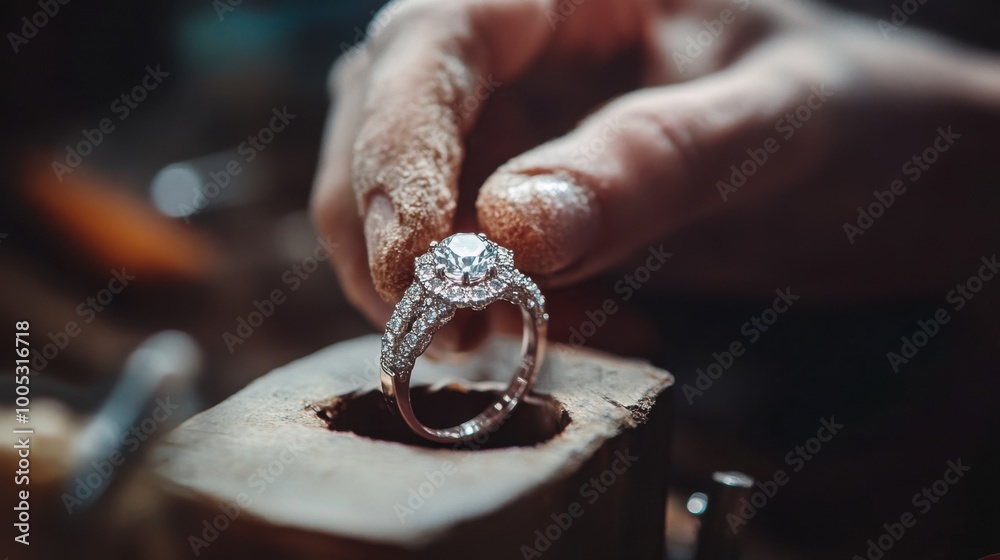 A jeweler setting a diamond into a custom engagement ring in a workshop.