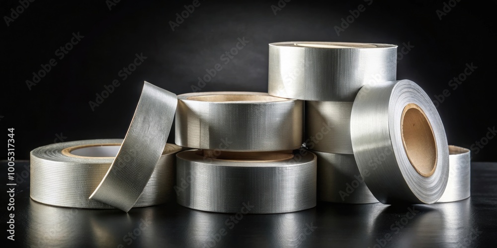 Duct tapes arranged on black background, duct tape, adhesive, repair, DIY, fix, tool, construction, industrial, sticky Duct tapes arranged on black background, duct tape, adhesive, repair, DIY, fix, tool, construction, industrial, sticky