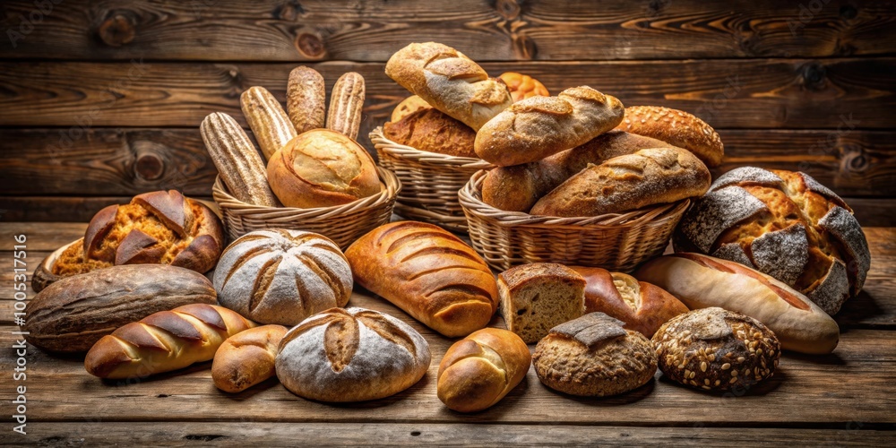 Variety of freshly baked breads displayed on a wooden table , bread, bakery, assortment, crusty, artisan, homemade, rustic Variety of freshly baked breads displayed on a wooden table , bread, bakery, assortment, crusty, artisan, homemade, rustic