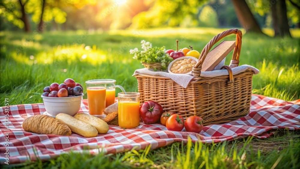 Picnic basket with food and drinks spread out on a blanket, picnic, basket, outdoor, food, drinks, blanket, relax, leisure, summer Picnic basket with food and drinks spread out on a blanket, picnic, basket, outdoor, food, drinks, blanket, relax, leisure, summer