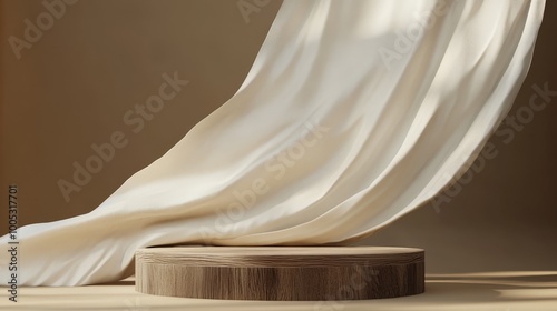 3D render of a display podium with a brown background. Wood frame pedestal and flying silk cloth curtain add elegance. Ideal for beauty and cosmetic product presentations