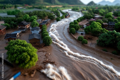 3D digital model of a flash flood hitting a rural village, with detailed textures of fast-moving water, debris, and trees as the flood reshapes the landscape