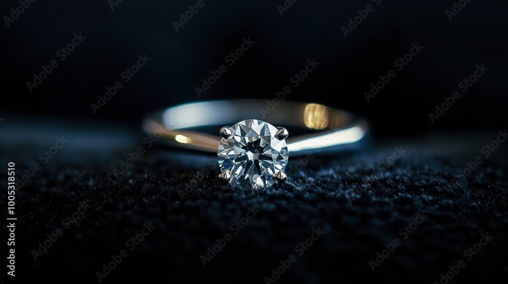 A solitaire diamond ring displayed against a rich black velvet background, glowing under soft light. A solitaire diamond ring displayed against a rich black velvet background, glowing under soft light.