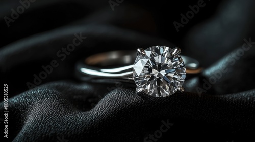 A solitaire diamond ring displayed against a rich black velvet background, glowing under soft light.