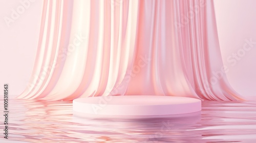 3D render of a floating podium on water with waving curtains. Ideal for product showcases, with a minimalistic pastel background and an abstract modern design