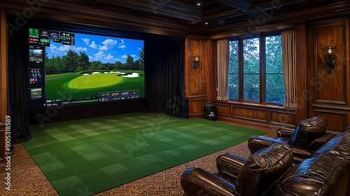 Wallpaper Mural A luxurious home golf simulator room featuring a large screen, green turf, and comfortable seating for an immersive experience. Torontodigital.ca