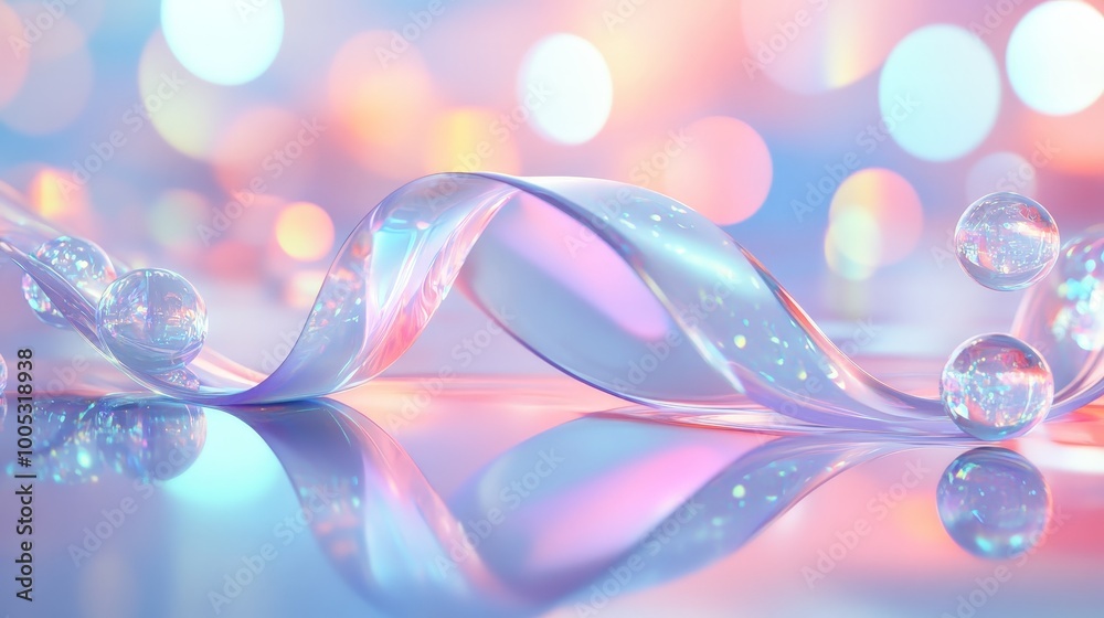 3D render of a glass ribbon on water with geometric circles and spheres. Iridescent holographic shapes in motion create a stunning digital art backdrop ideal for banners 3D render of a glass ribbon on water with geometric circles and spheres. Iridescent holographic shapes in motion create a stunning digital art backdrop ideal for banners