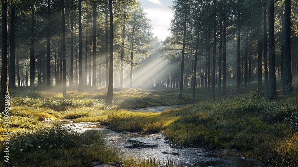Obraz premium Sun rays illuminate a misty forest path with a stream winding through the greenery.