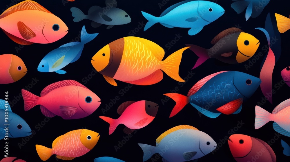 Naklejka premium A vibrant array of bioluminescent deep sea fish swimming through the dark depths, showcasing biodiversity in the deep ocean