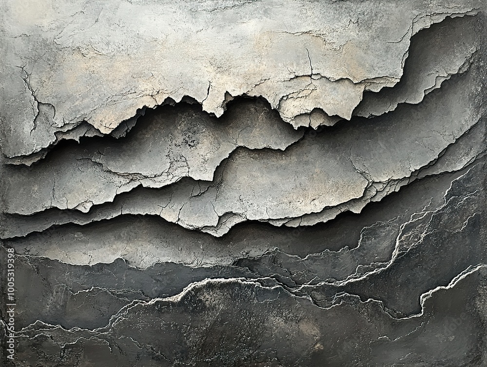 Abstract Layered Landscape Painting in Grey, Black, and White Abstract Layered Landscape Painting in Grey, Black, and White