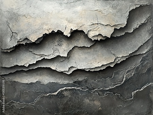 Abstract Layered Landscape Painting in Grey, Black, and White