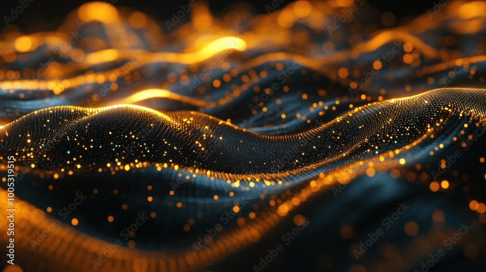 Abstract visualization of flowing waves with glowing particles, creating a dynamic effect. Abstract visualization of flowing waves with glowing particles, creating a dynamic effect.