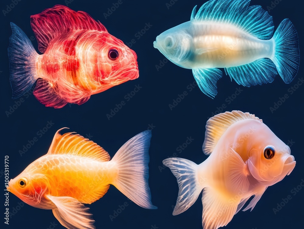 Bioluminescent fish of all shapes and sizes, showcasing the biodiversity of deep sea life as they light up the abyss Bioluminescent fish of all shapes and sizes, showcasing the biodiversity of deep sea life as they light up the abyss