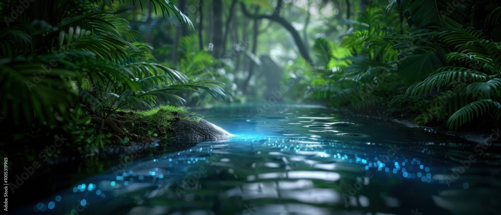 Fototapeta premium Lush Forest with Half Submerged Water and Sparkling Light