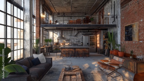 3D render of a loft living room featuring industrial style, with exposed brick walls, metal accents, and a contemporary, open-plan design