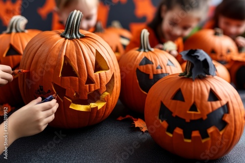 A Halloween craft table filled with pumpkins, where children are creating jack-o'-lanterns with various spooky faces and designs.