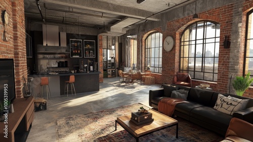 3D render of a loft living room featuring industrial style, with exposed brick walls, metal accents, and a contemporary, open-plan design