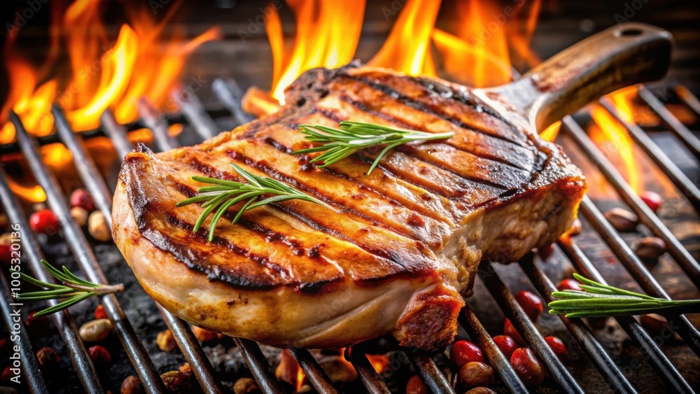 Grilled pork chops on the bone with charred grill marks , barbecue, meat, meal, cooking, food, dinner, delicious, barbecue Grilled pork chops on the bone with charred grill marks , barbecue, meat, meal, cooking, food, dinner, delicious, barbecue