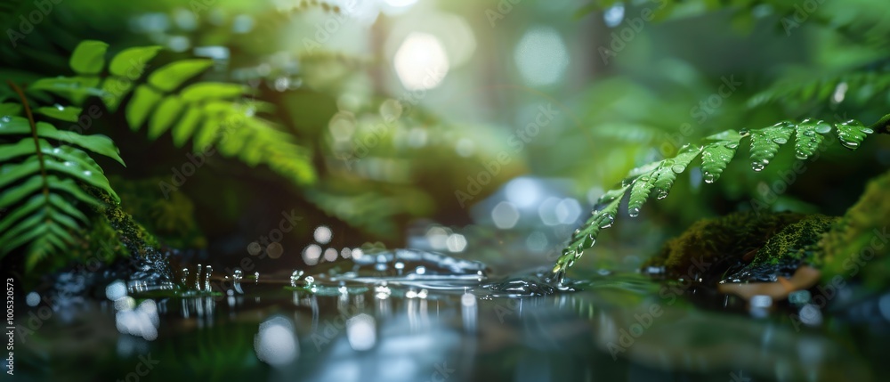 Sparkling Stream with Submerged Ferns and Gentle Water Sparkling Stream with Submerged Ferns and Gentle Water