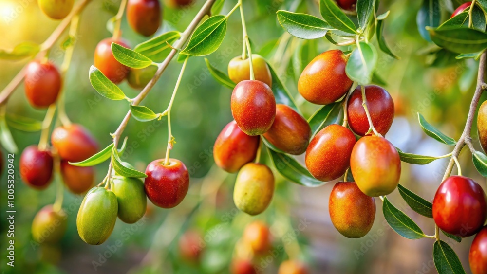 Jujube fruits hanging from a tree branch , jujube, tree, fruits, red, ripe, nature, agriculture, harvest, healthy, fresh, organic Jujube fruits hanging from a tree branch , jujube, tree, fruits, red, ripe, nature, agriculture, harvest, healthy, fresh, organic