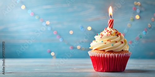 Cupcake with cream, colored sprinkles, red candles, anniversary or 10th birthday celebration, cupcake