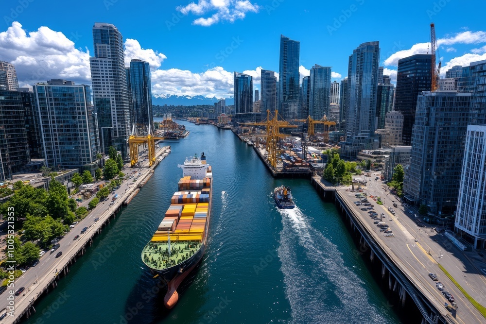 Fototapeta premium A busy urban metropolis harbor, where cargo ships dock next to skyscrapers and cranes, highlighting the industrial heart of the city.