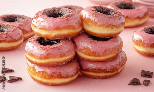 Stack of pink glazed donuts with chocolate sprinkles and pieces of chocolate on a pink background.