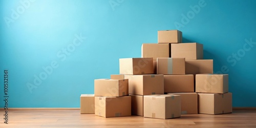 Pile of cardboard boxes for package and shipping on a blue background, cardboard, boxes, package, shipping, delivery, signs