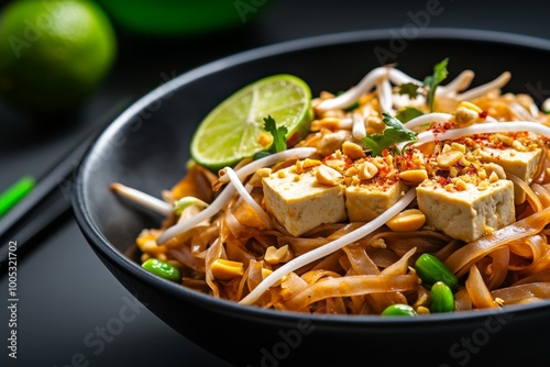 A close-up of a vegetarian pad Thai dish, with tofu, bean sprouts, and peanuts, served hot and garnished with lime and chili powder during the Vegetarian Festival.