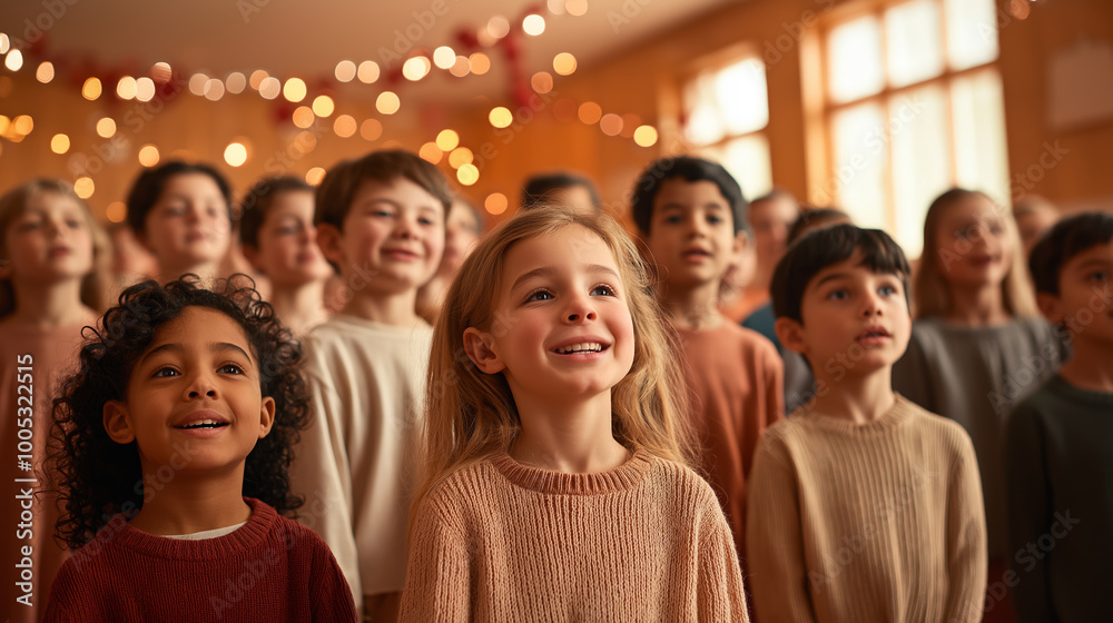 Diverse group of happy children singing at a festive concert event Diverse group of happy children singing at a festive concert event
