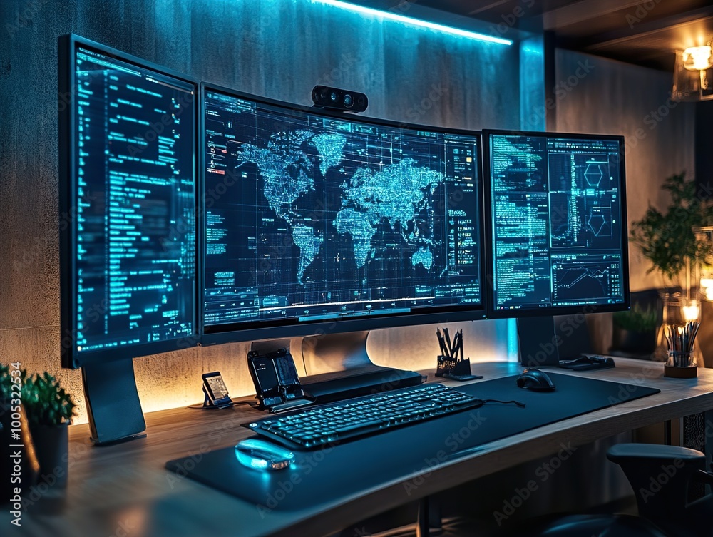 Modern Tech Desk Setup with World Map Display Modern Tech Desk Setup with World Map Display