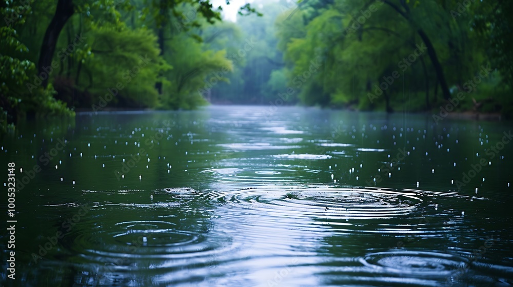 A tranquil river scene with raindrops creating circles on the surface, surrounded by trees. A tranquil river scene with raindrops creating circles on the surface, surrounded by trees.