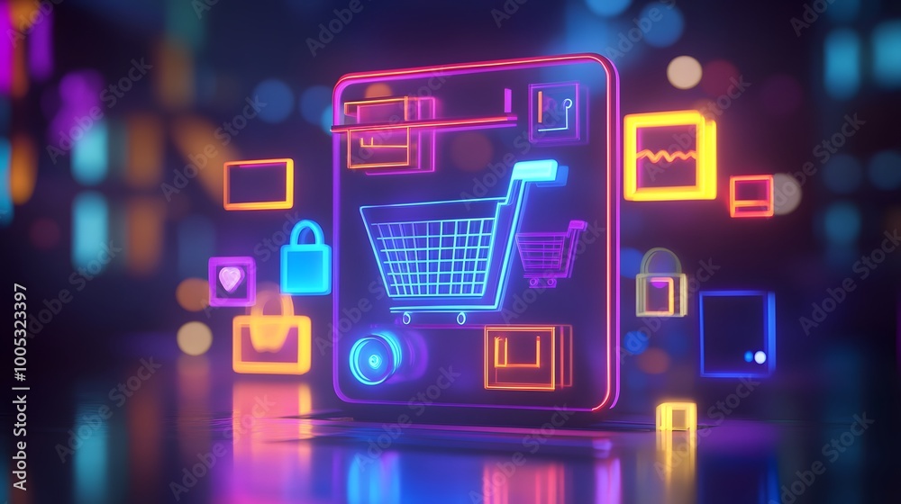 3D Neon Online shopping and free delivery service concept, neon light background. 3d render illustration. 3D Neon Online shopping and free delivery service concept, neon light background. 3d render illustration.