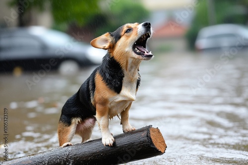 A dog stranded on a floating log in a flash flood, barking for help as the water rushes past in a residential neighborhood photo