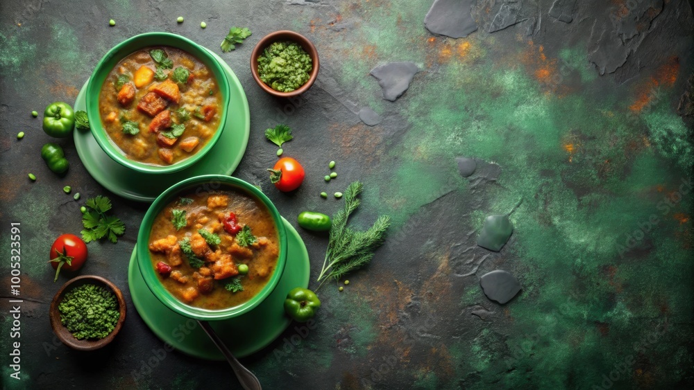 Hearty creole carbonate stew in green bowls on dark textured background, creole, stew, beef, potatoes Hearty creole carbonate stew in green bowls on dark textured background, creole, stew, beef, potatoes