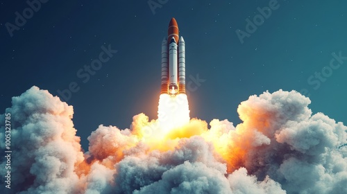 3D render of a space rocket launch, capturing the dramatic lift-off with flames and smoke, against a clear blue sky