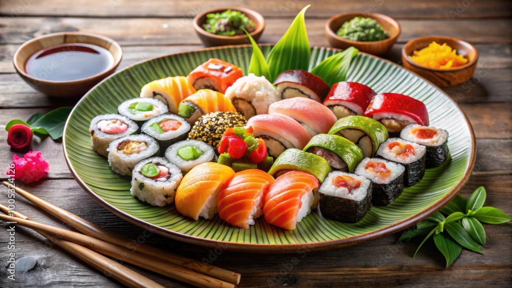 Assorted fresh sushi selection on traditional plate, sushi, assortment, selection, fresh, appetizer, seafood