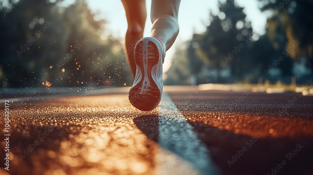 Close-up of runner's shoe on a track during sunset. Close-up of runner's shoe on a track during sunset.