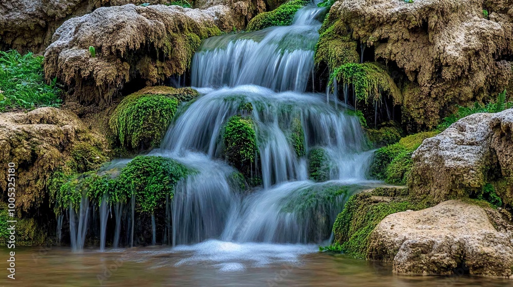 Fototapeta premium Small waterfall cascading over mossy rocks.