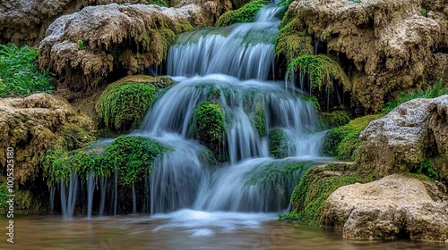 Small waterfall cascading over mossy rocks.