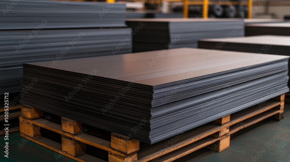 Stack of dark sheets on a wooden pallet in an industrial setting, representing construction and manufacturing materials.