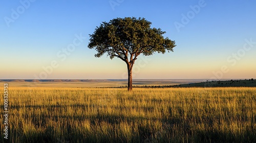 Single tree standing tall in a vast grassy field at sunrise, with a blue sky and rolling hills in the distance.