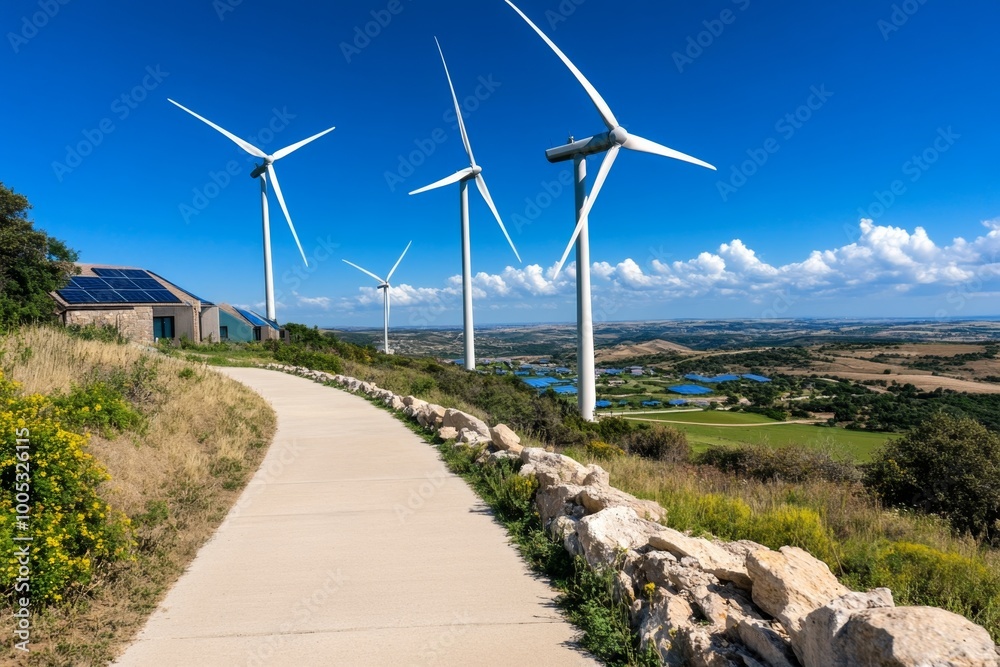 A futuristic rural community with eco-friendly homes, where sustainable technology powers homes, and clean energy is generated from surrounding wind and solar farms. A futuristic rural community with eco-friendly homes, where sustainable technology powers homes, and clean energy is generated from surrounding wind and solar farms.