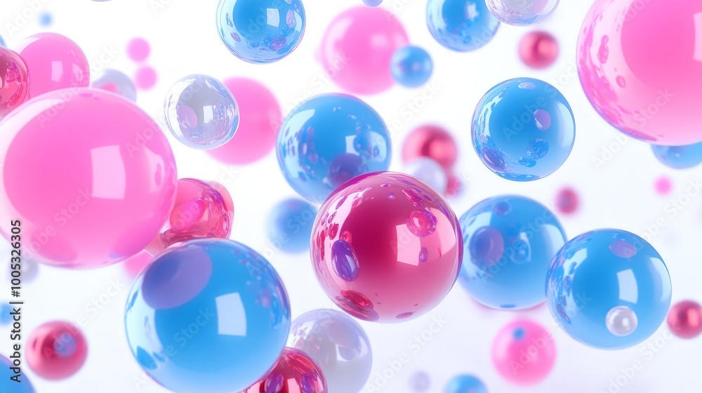 3D render of abstract primitives in motion, featuring metallic blue and pink spheres, torus, tubes, and cones isolated on a clean white surface 3D render of abstract primitives in motion, featuring metallic blue and pink spheres, torus, tubes, and cones isolated on a clean white surface