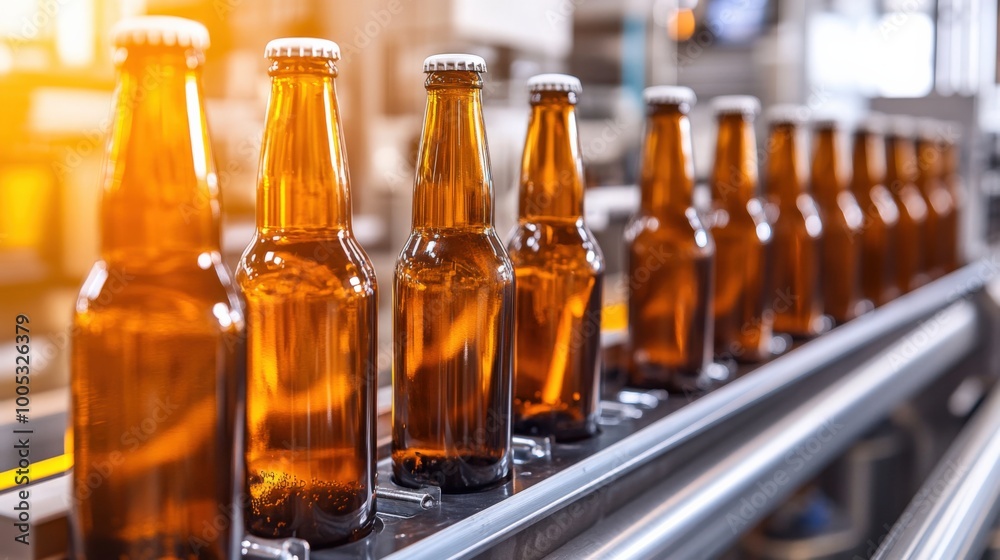 Fresh amber bottles on a production line, showcasing the brewing process and industrial beverage manufacturing. Fresh amber bottles on a production line, showcasing the brewing process and industrial beverage manufacturing.